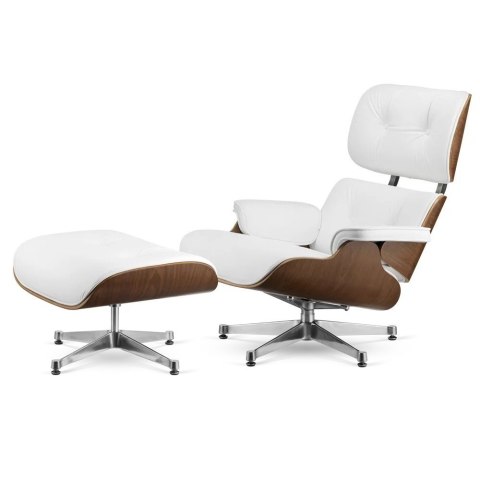 Fotel Lucera XL z podnóżkiem insp. Lounge Chair Biała Skóra Ciemny orzech Chromowana