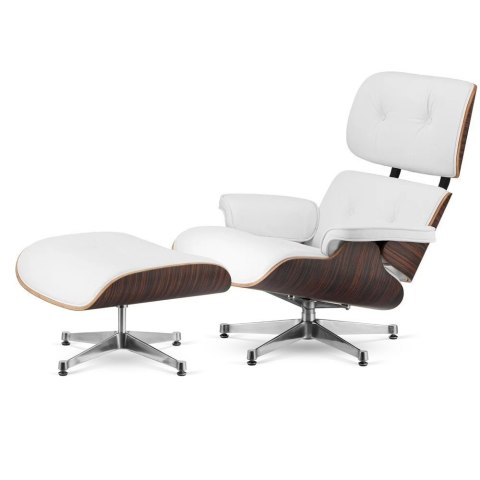 Fotel Lucera XL z podnóżkiem insp. Lounge Chair Biała Skóra Ebony Chromowana