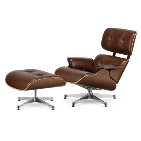 Fotel Lucera XL z podnóżkiem insp. Lounge Chair Brązowa Skóra Ciemny orzech Chromowana