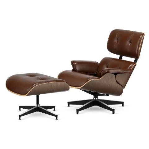 Fotel Lucera XL z podnóżkiem insp. Lounge Chair Brązowa Skóra Jasny orzech Czarna z chromowanymi grzbietami