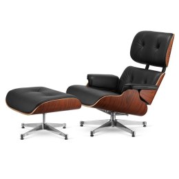 Fotel Lucera XL z podnóżkiem insp. Lounge Chair Czarna Skóra Brazylijski palisander Chromowana