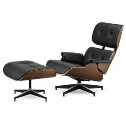 Fotel Lucera XL z podnóżkiem insp. Lounge Chair Czarna Skóra Ciemny orzech Czarna z chromowanymi grzbietami