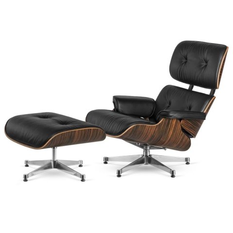 Fotel Lucera XL z podnóżkiem insp. Lounge Chair Czarna Skóra Ebony Chromowana