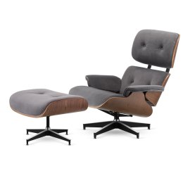 Fotel Lucera XL z podnóżkiem insp. Lounge Chair Velvet Szary (SWAN-12) Ciemny orzech