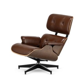 Fotel Lucera insp. Lounge Chair Brązowa skóra Jasny orzech Czarna z chromowanymi grzbietami