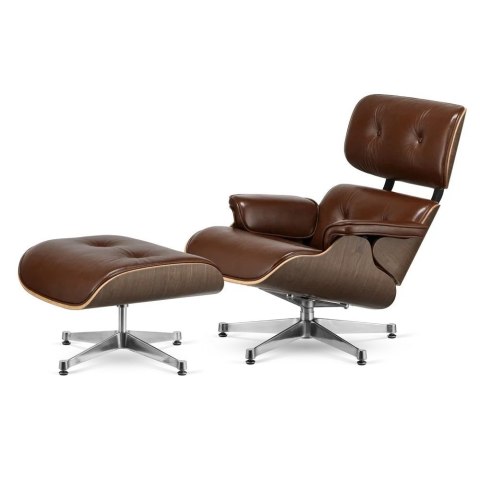 Fotel Lucera z podnóżkiem insp. Lounge Chair Brązowa Skóra Jasny orzech Chromowana