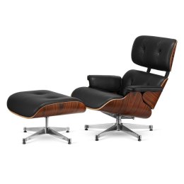 Fotel Lucera z podnóżkiem insp. Lounge Chair Czarna Skóra Brazylijski palisander Chromowana