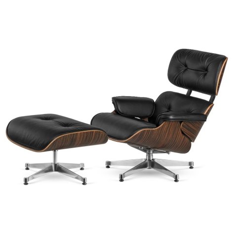 Fotel Lucera z podnóżkiem insp. Lounge Chair Czarna Skóra Ebony Chromowana