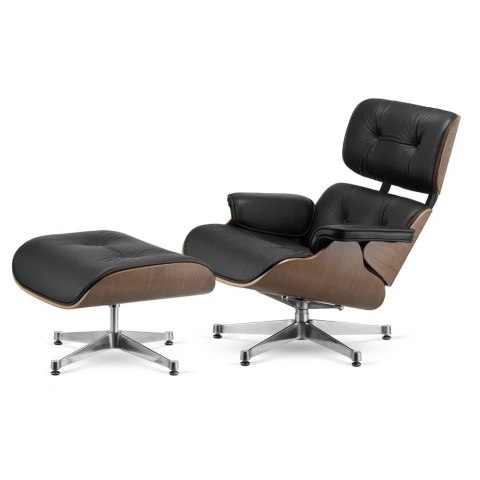 Fotel Lucera z podnóżkiem insp. Lounge Chair Czarna Skóra Jasny orzech Chromowana