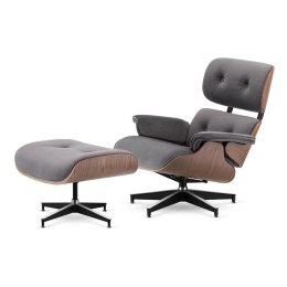 Fotel Lucera z podnóżkiem insp. Lounge Chair Velvet Jasnoszary (SWAN-12) Jasny orzech Czarna z chromowanymi grzbietami