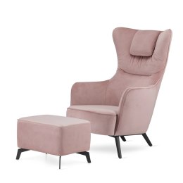 Fotel Skive z podnóżkiem velvet wypoczynkowy skandynawski uszak do salonu Pudrowy róż (5187-32)