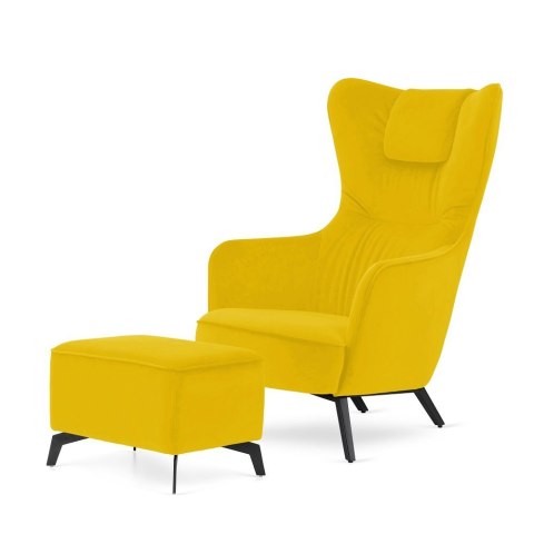 Fotel Skive z podnóżkiem velvet wypoczynkowy skandynawski uszak do salonu Żółty (SWAN-03)