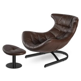 Fotel Storto z podnóżkiem wygodny wypoczynkowy do salonu styl nowoczesny Brązowy Czarna Skóra ekologiczna