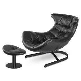 Fotel Storto z podnóżkiem wygodny wypoczynkowy do salonu styl nowoczesny Czarny Czarna Skóra ekologiczna