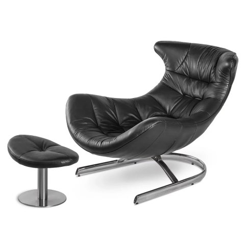 Fotel Storto z podnóżkiem wygodny wypoczynkowy do salonu styl nowoczesny Czarny Srebrna Skóra ekologiczna