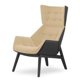 Fotel Vojens velvet styl skandynawski skórzany wypoczynkowy wygodny do salonu Beżowy (SWAN-01) / Czarna ekoskóra