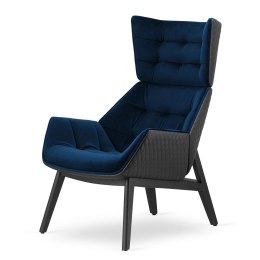 Fotel Vojens velvet styl skandynawski skórzany wypoczynkowy wygodny do salonu Ciemnogranatowy (SWAN-18) / Czarna ekoskóra
