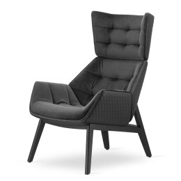 Fotel Vojens velvet styl skandynawski skórzany wypoczynkowy wygodny do salonu Ciemnoszary (SWAN-13) / Czarna ekoskóra