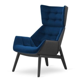 Fotel Vojens velvet styl skandynawski skórzany wypoczynkowy wygodny do salonu Granatowy (SWAN-08) / Czarna ekoskóra