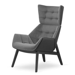 Fotel Vojens velvet styl skandynawski skórzany wypoczynkowy wygodny do salonu Jasnoszary (SWAN-12) / Czarna ekoskóra