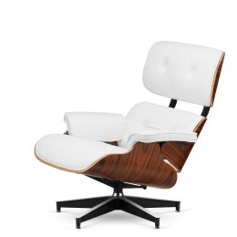 Fotel Lucera XL insp. Lounge Chair Biała Skóra Brazylijski palisander Czarna z chromowanymi grzbietami