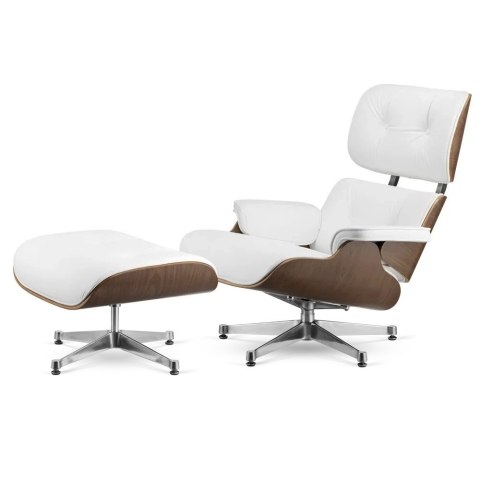 Fotel Lucera XL z podnóżkiem insp. Lounge Chair Biała Skóra Jasny orzech Chromowana