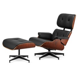 Fotel Lucera XL z podnóżkiem insp. Lounge Chair Czarna Skóra Brazylijski palisander Czarna z chromowanymi grzbietami