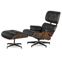 Fotel Lucera XL z podnóżkiem insp. Lounge Chair Czarna Skóra Ebony Czarna z chromowanymi grzbietami
