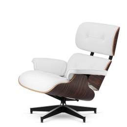 Fotel Lucera insp. Lounge Chair Biała Skóra Ebony Czarna z chromowanymi grzbietami