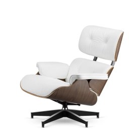 Fotel Lucera insp. Lounge Chair Biała Skóra Jasny orzech Czarna z chromowanymi grzbietami