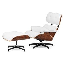 Fotel Lucera z podnóżkiem insp. Lounge Chair Biała Skóra Brazylijski palisander Czarna z chromowanymi grzbietami