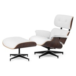 Fotel Lucera z podnóżkiem insp. Lounge Chair Biała Skóra Ebony Czarna z chromowanymi grzbietami