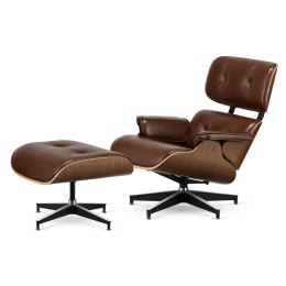 Fotel Lucera z podnóżkiem insp. Lounge Chair Brązowa Skóra Ciemny orzech Czarna z chromowanymi grzbietami