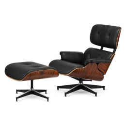 Fotel Lucera z podnóżkiem insp. Lounge Chair Czarna Skóra Brazylijski palisander Czarna z chromowanymi grzbietami