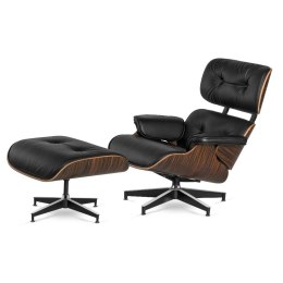 Fotel Lucera z podnóżkiem insp. Lounge Chair Czarna Skóra Ebony Czarna z chromowanymi grzbietami