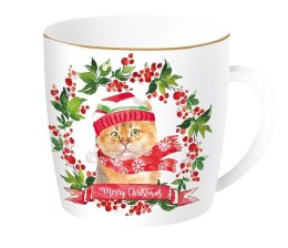 Kot w Świątecznym Wieńcu Kubek Porcelanowy w Ozdobnej Puszce 350 ml